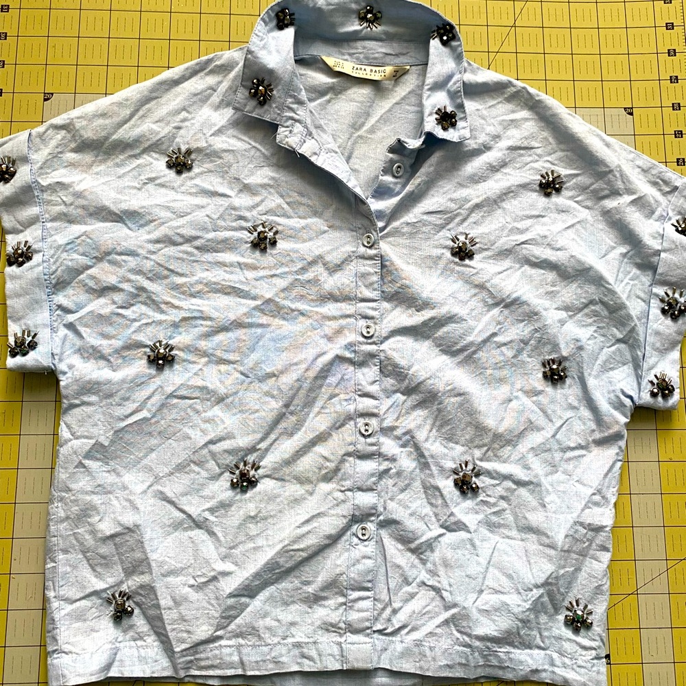 Zara Basic Blue Short Buttoned Down Short Sleeve … - image 1